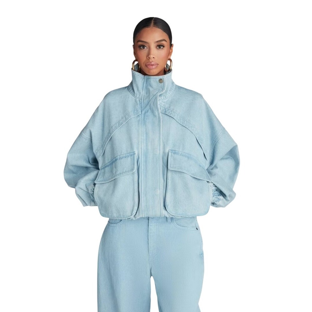 KBB by Kahlana Women's Blue Medium Wash Denim Bomber Jacket Size XS